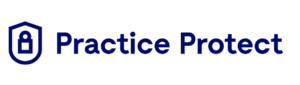 Blue text “Practice Protect” next to a shield icon with a padlock, on a light background.