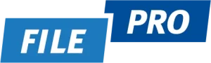 Logo with the word “FILE” in white on a blue rectangle, and the word “PRO” in white on a connected blue rectangle above and to the right.