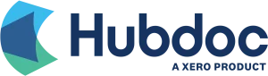 Hubdoc logo with abstract blue and green shapes on the left and text “Hubdoc A Xero Product” on the right.