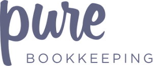 The image shows the “pure BOOKKEEPING” logo in a rounded, purple font on a white background.