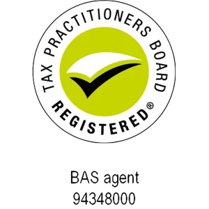 Tax Practitioners Board Registered logo with a tick. Below, text reads: “BAS agent 94348000”.