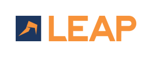 The image shows the LEAP logo with an orange stylised leaping animal on a blue square next to the word “LEAP” in bold orange letters.